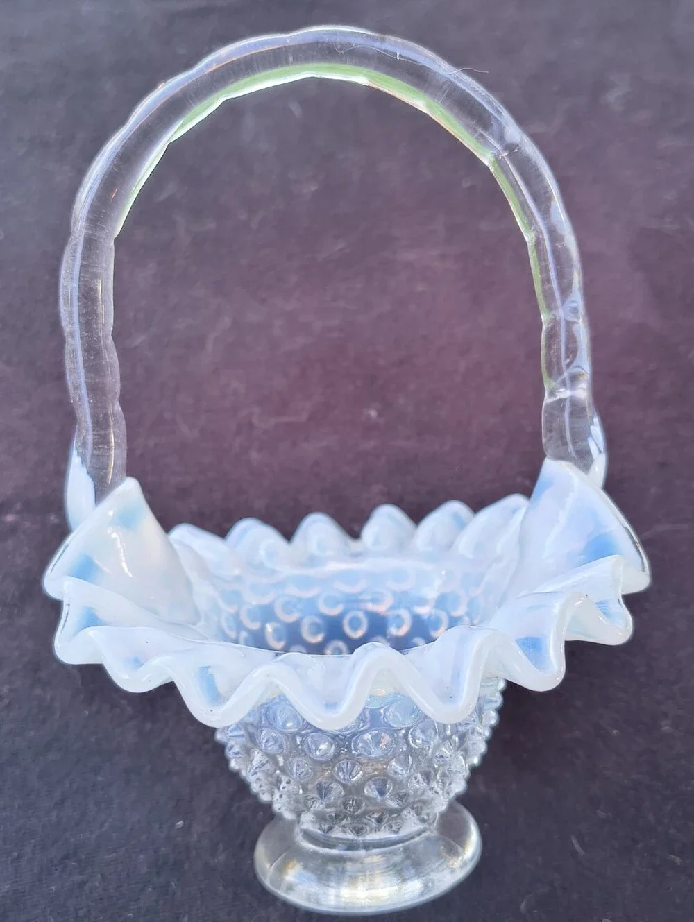 Antique Hand Blown Glass Basket Opalesent Hob Nail Blue And White, Excellent